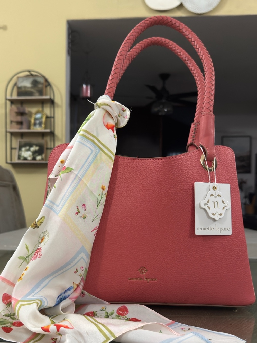 Nanette Lepore Coral-Pink Pebbled Leather Satchel with Floral Scarf